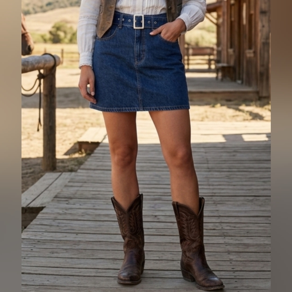 Denim Mini Skirt with Belt Sws Denim Co. Sz S Western 80's Casual Summer Festive